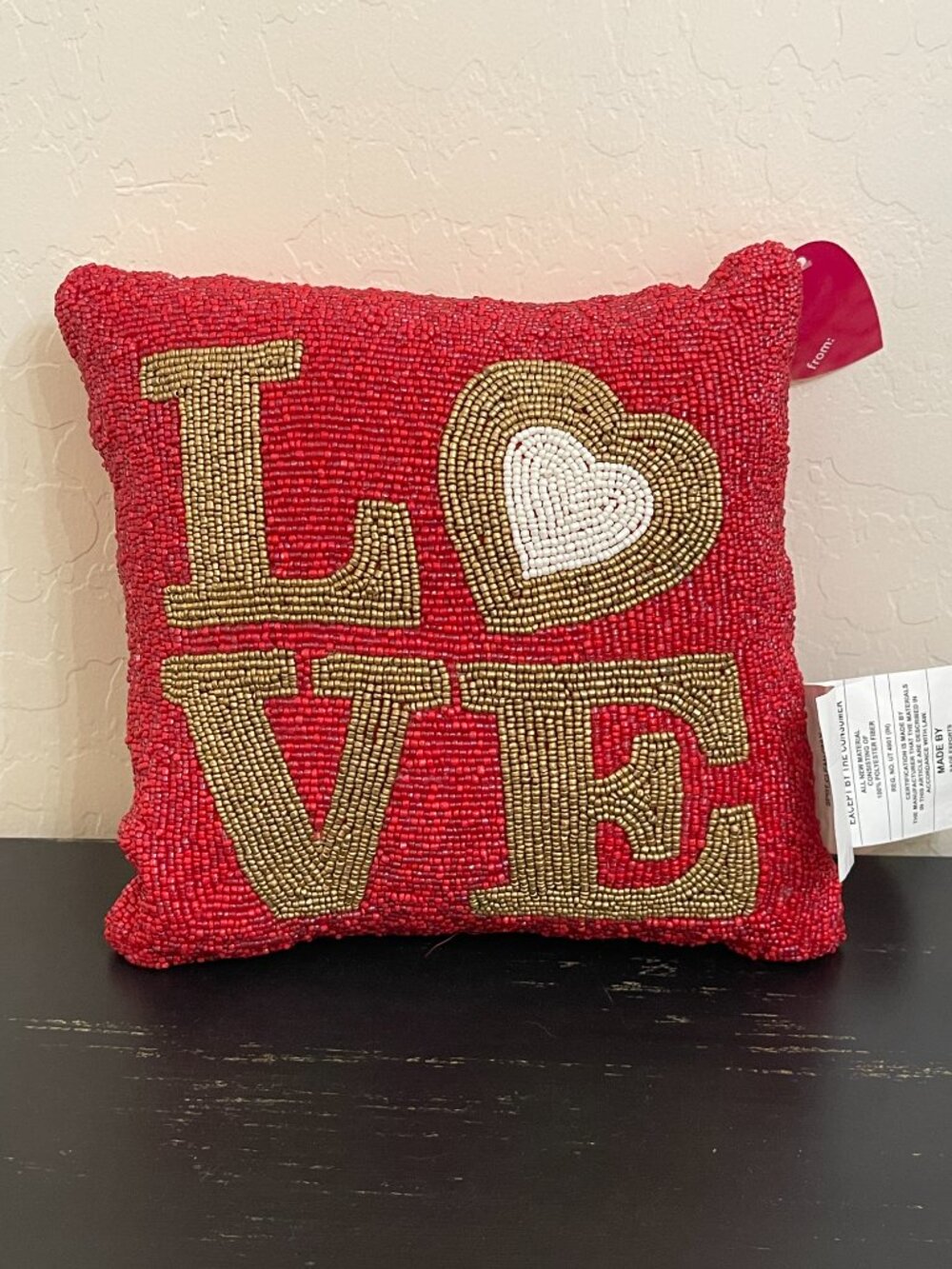 New LOVE Beaded Pillow Red Gold White Heart NWT